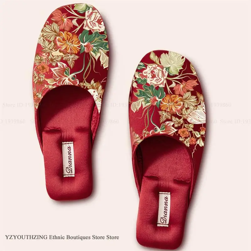 Bridegroom Bride Wedding Slippers Vintage Chinese Style Print Flower Wedding Supplies Photo Props Casual Women's Sandals Shoes