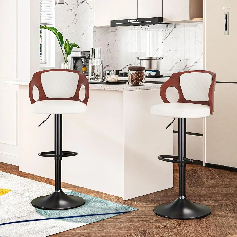 Barstools Set Of 2,Counter Height Stools With Bentwood Back&Arm, Swivel Barstools,Pu Leather Kitchen Island Stools, Adjustable