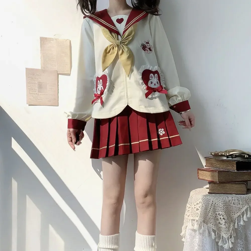 Uniforme japonês e coreano bonito do jardim de infância do coelho para mulheres, cosplay jk, terno marinheiro, roupas escolares, vermelho e branco, novo