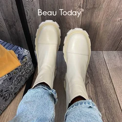 BeauToday Platform Boots Women Calfskin Leather Ankle Booties Elastic Band Chunky Sole Female High Heel Shoes Handmade 02509