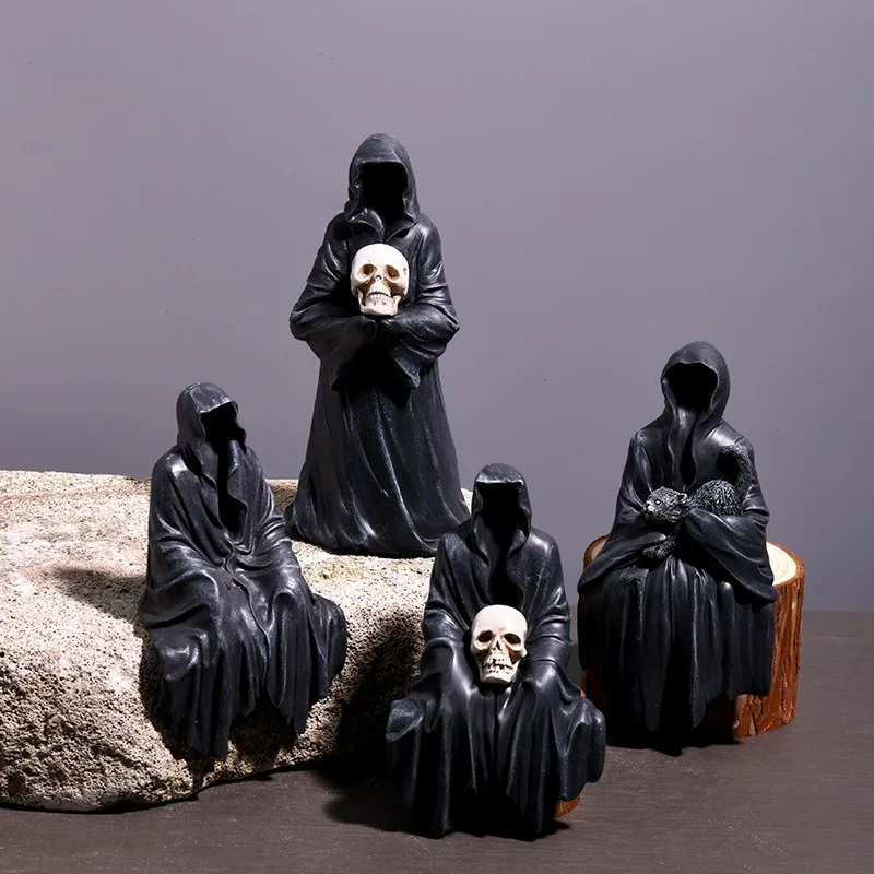 Halloween Black Robe Gothic Ornament Black Mask Faceless Ghost Home Desktop Car Resin Courtyard Decoration