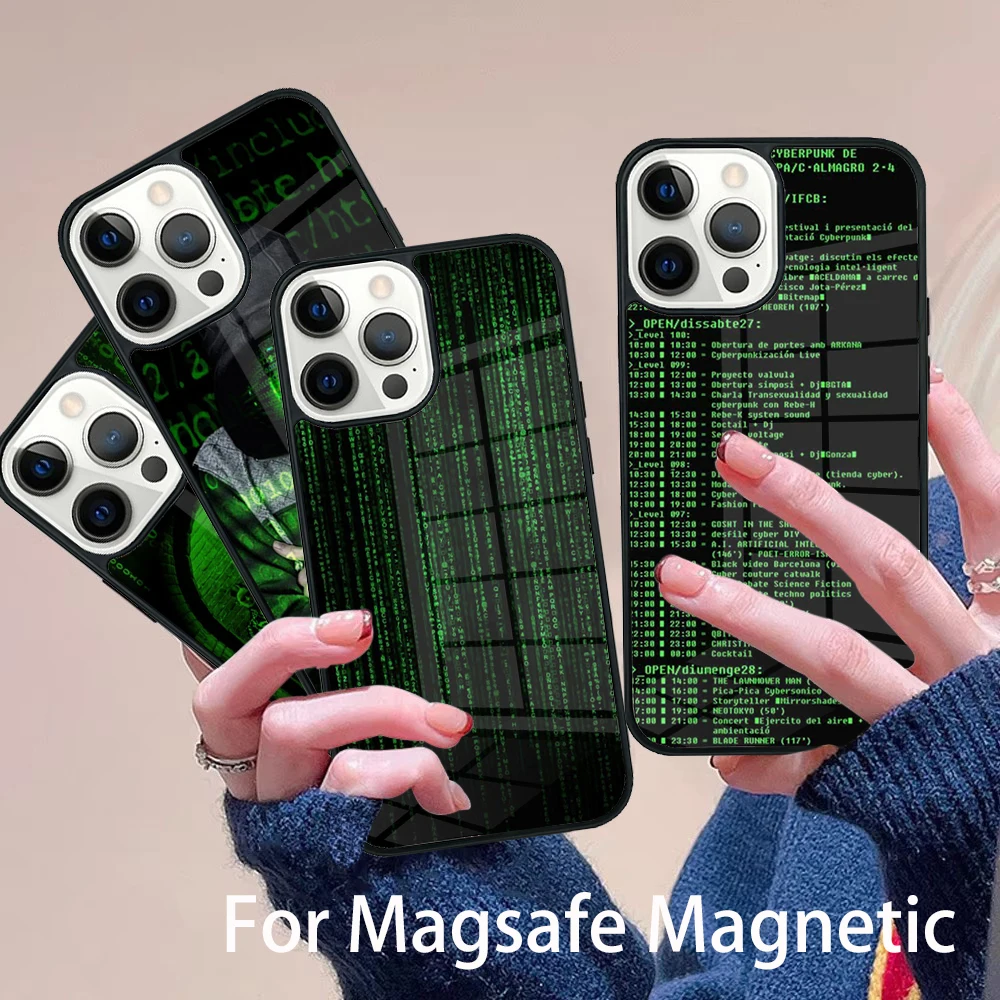 

Matrix Hacker Phone Case Magesafe Magnetic Wireless Charge Cover For IPhone 16 11 12 13 14 15 Pro Max Plus Mini