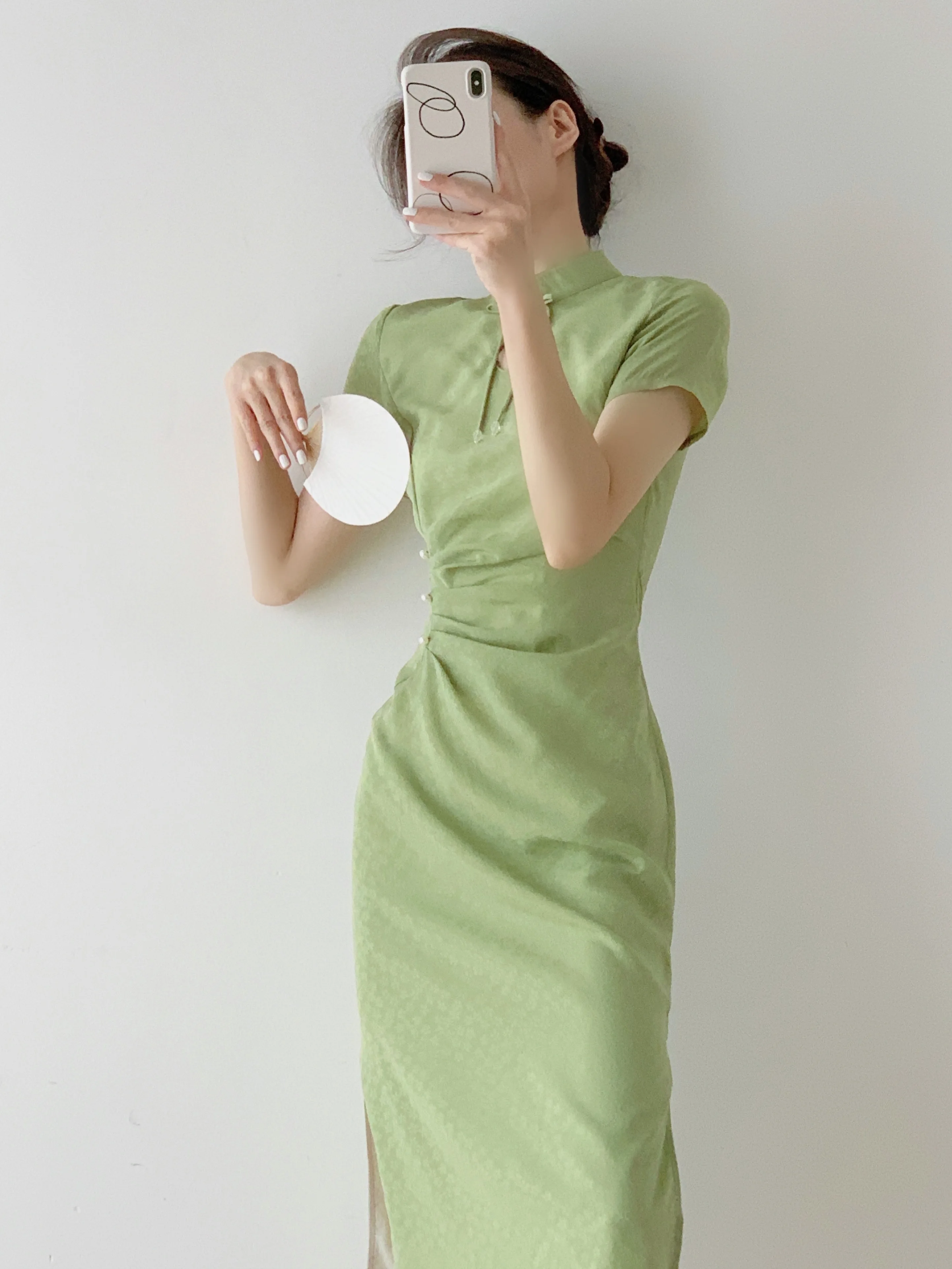 

RosEvans Favorite Green Long Dress National Style New Chinese Style Daily Short-sleeved Cheongsam Summer Dress Vestidos