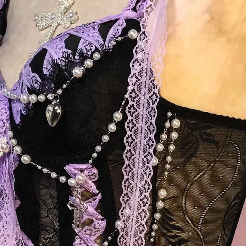 Y2K レース トップス クラブウェア クロス ハンドメイド ゴス エコ ハート 原宿 E-girls ゴシック ドレス カワイイ パンクロック 90年代 エモ DIY グランジ サイバー