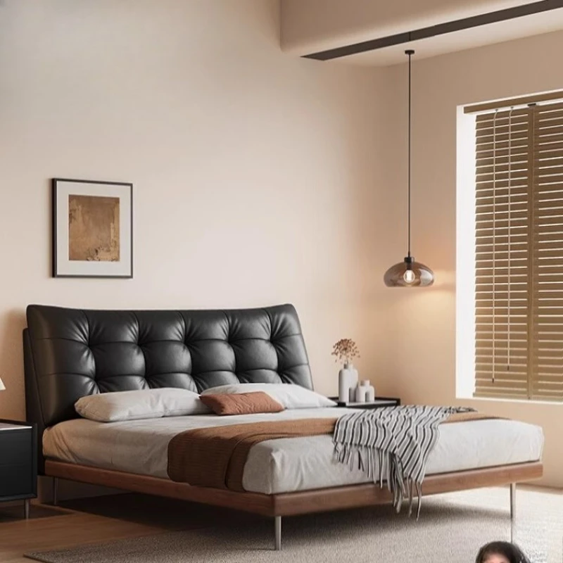 

Retro style leather bed, Italian minimalist cloud bed, medium ancient style 1.8 meters master bedroom double solid wood