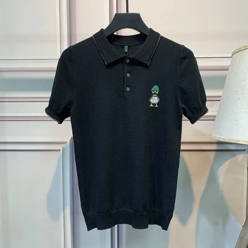 

Summer 2025 Men's ort Sve irt Korean Sle Slim Fit Knitted Color Collar Embroidery Casual Top Trendy