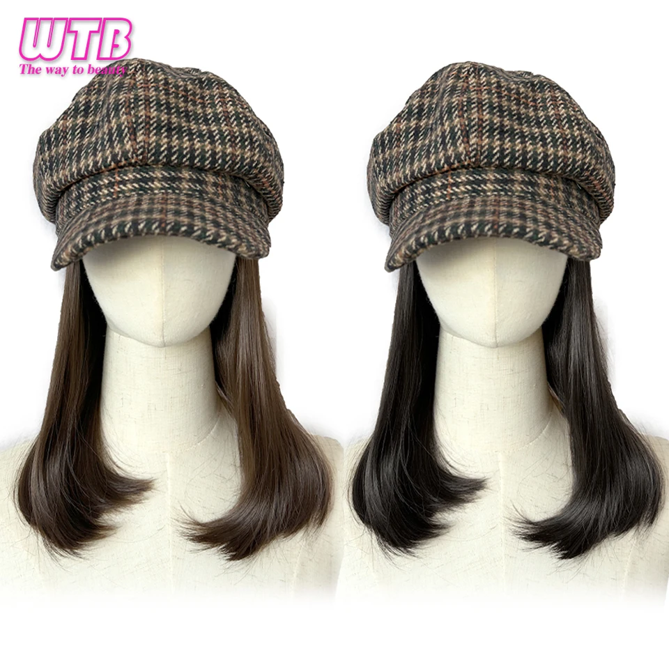 Synthetic Hat Wig Medium Long Hair boinas Berets wig caps for women Octagonal Hat wig Extensions Hair Accessories