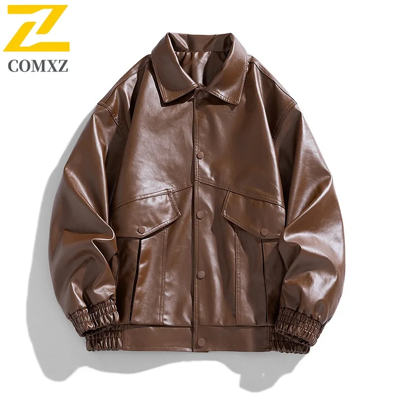 

COMXZ Мужская уличная кожаная куртка премиум-класса, повседневное ветрозащитное кожаное пальто с воротником-стойкой, повседневные легкие осенние пальто