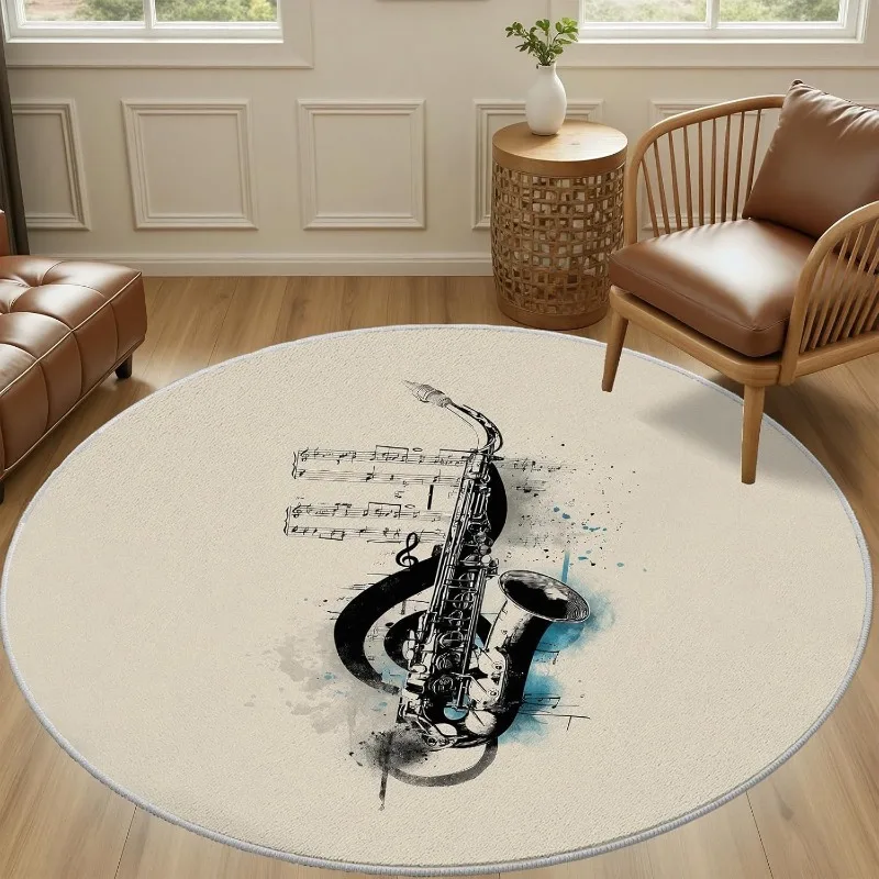 Saxophone Music Notes Print Round Carpet Art Watercolor Style Living Room Decor Rug Modern Home Decor Non-slip Floor Mat