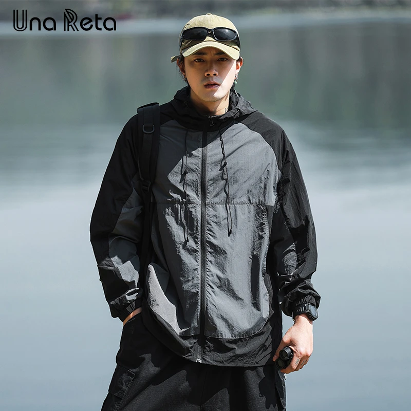 

Una Reta Hooded Jacket Men 2024 Spring Summer New Hip hop Stitching Light Coat Streetwear Casual Sun Protection Jackets Man