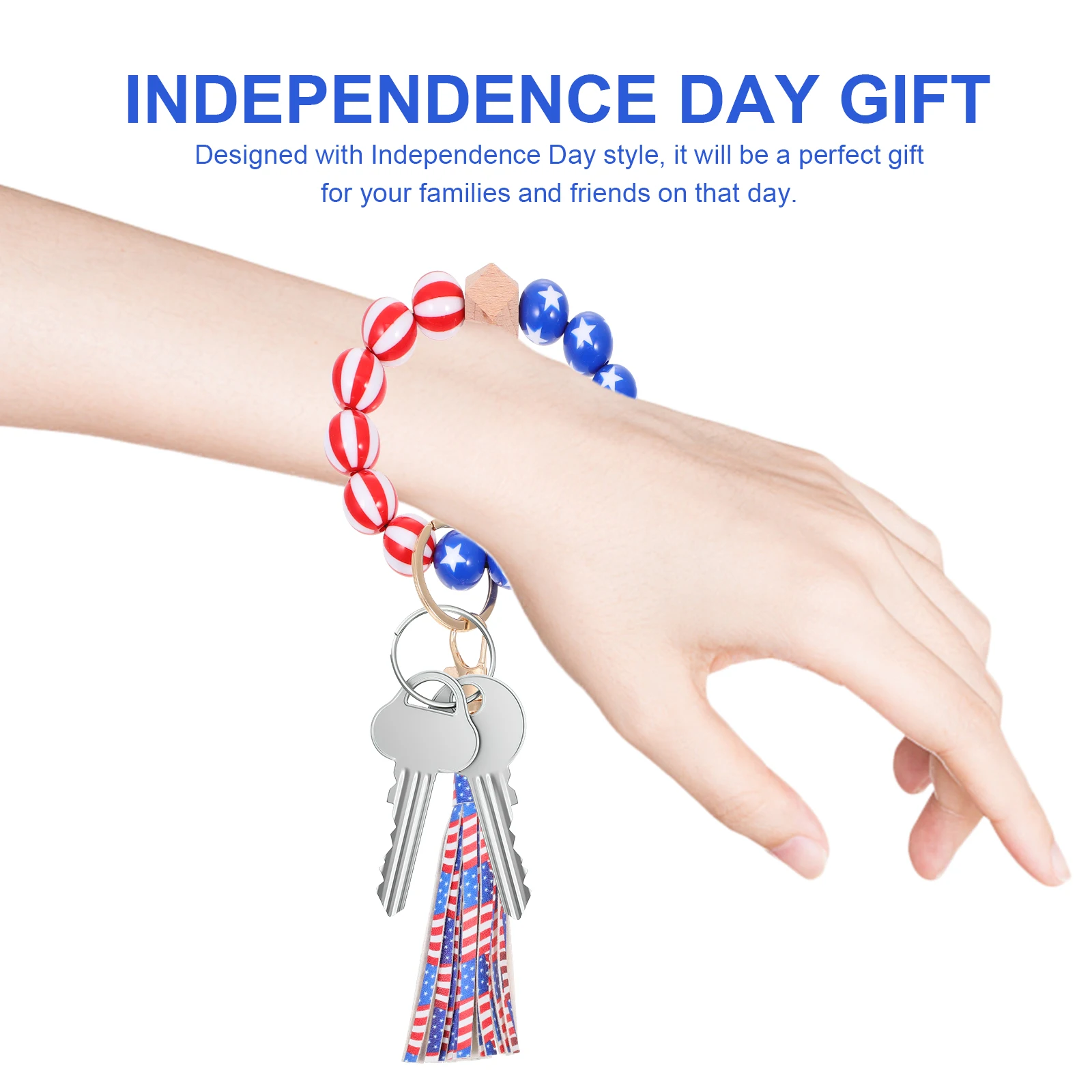 

Wooden Bead Tassel Keychain Independence Day Bracelet Patriotic Rings Beads Wristlet Gift