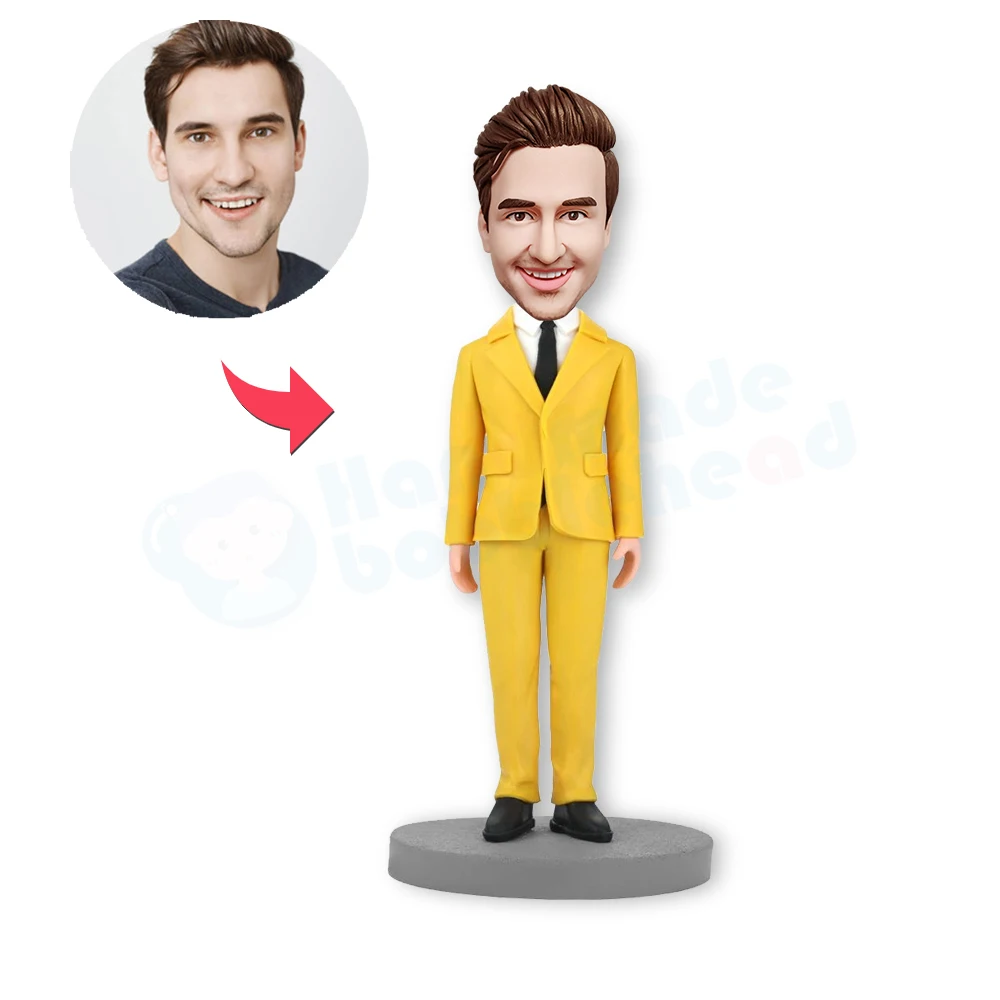 Cake Topper Birthday Persona-man In Yellow Suit Polymer Soft Clay Made Real Man Figures Handmade Custom Dolls Vivid High Quality