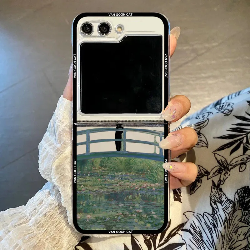 Phone Case For Samsung Galaxy Z Flip 6 5 4 3 Aesthetic Art The Black Cat Van Gogh Folding Hard PC Cover for Zflip 3 Clear Fundas