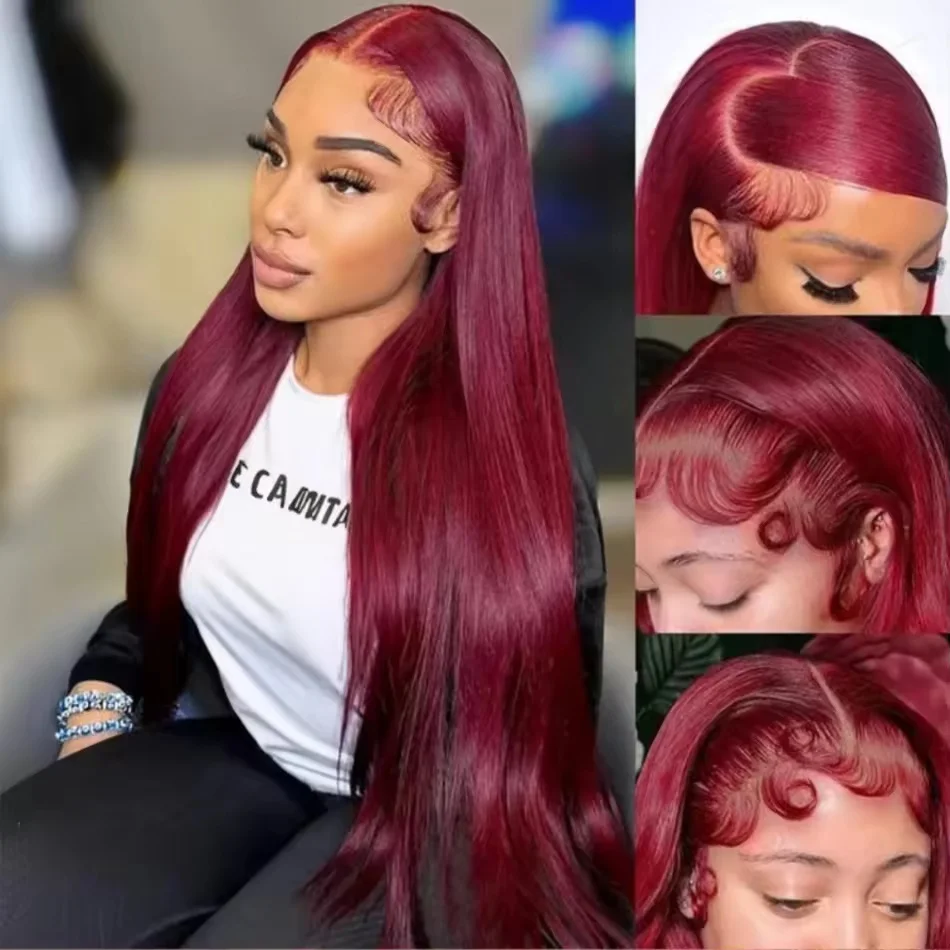 

Straight 13×4 Lace Front Wigs Human Hair 220 Density Transparent Burgundy Pre Plucked Red Color Lace Frontal Wigs For Women 99J