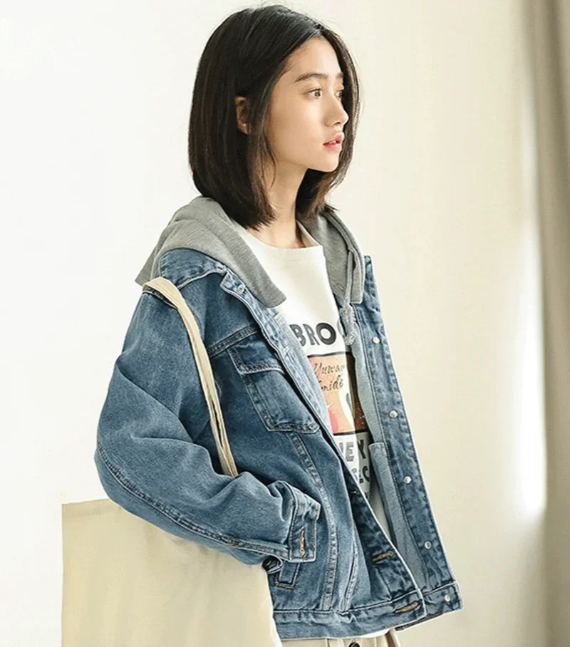 Bf jaket Denim wanita, Hoodie gaya jalanan Korea longgar jaket koboi musim semi musim gugur baru 2024 pakaian luar Vintage mahasiswa