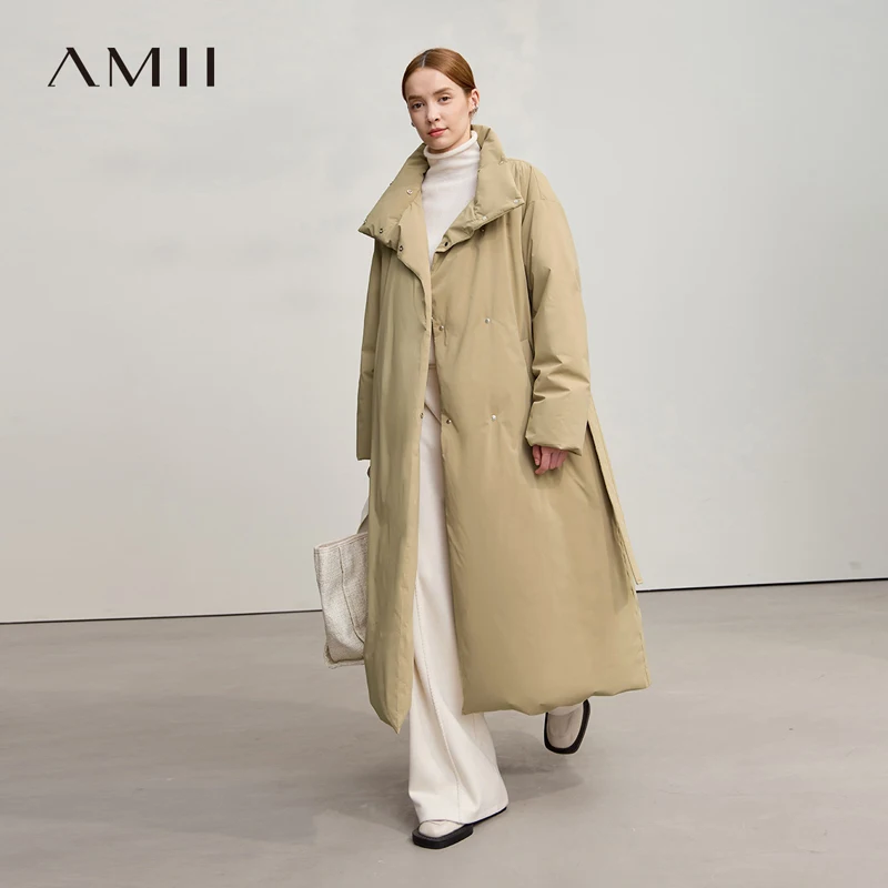 Amii Down Coats 2025 Winter New Solid Color Loose Long Women's Outerwear With Belt High Neck Thicken Warm Down Jacket 12544184