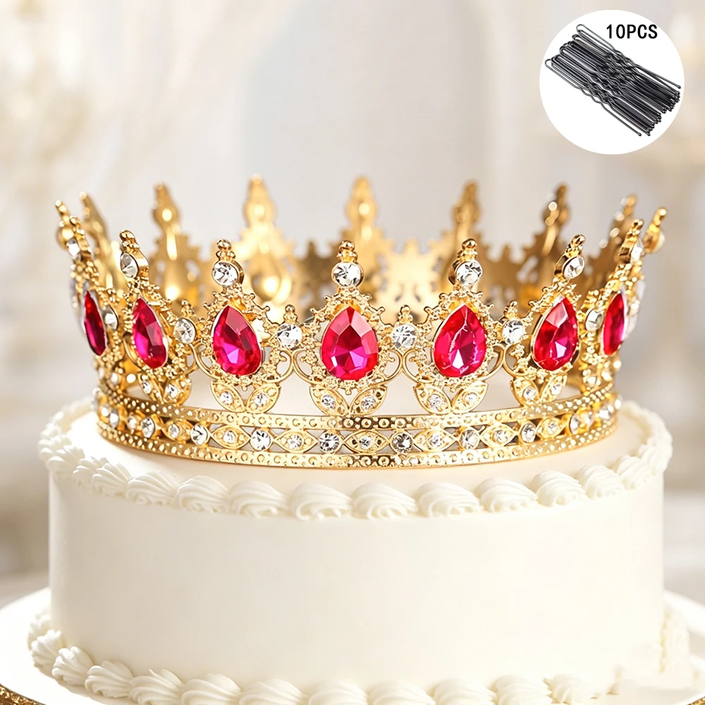 Full Round Crown Rhinestone Princess Tiara with 10Pcs Bobby Pins Luxury Headpiece Wedding Birthday Cake Decor Pageant Party view 3