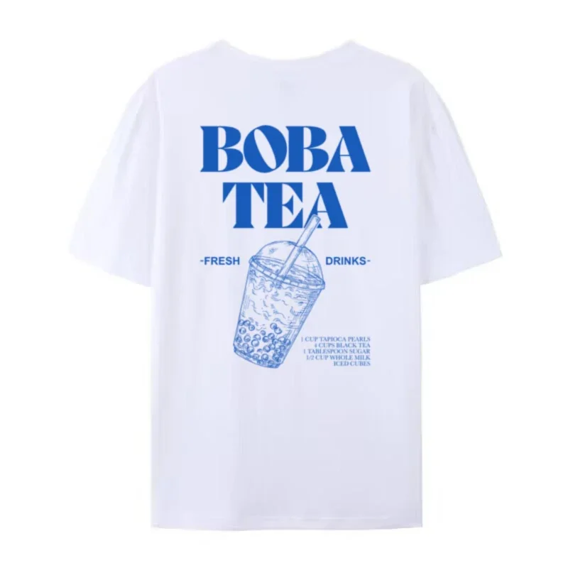 Women Retro Aesthetic Back Print Boba Tea T-Shirt Cute Bubble Tea Graphic Tees Foodie T Shirt Unisex Loose Vintage Fashion Tops