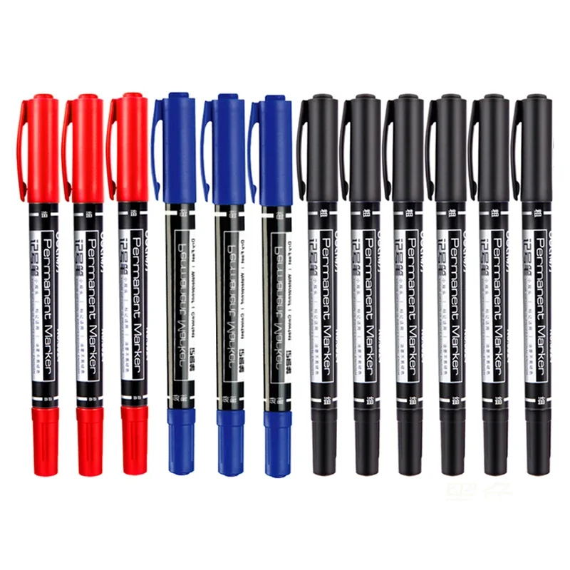 12pcs Deli Small Double Headed Marking Pen Oil Quick Drying Non Fading 6824 Hook Line Industrial Marking Office Supplies