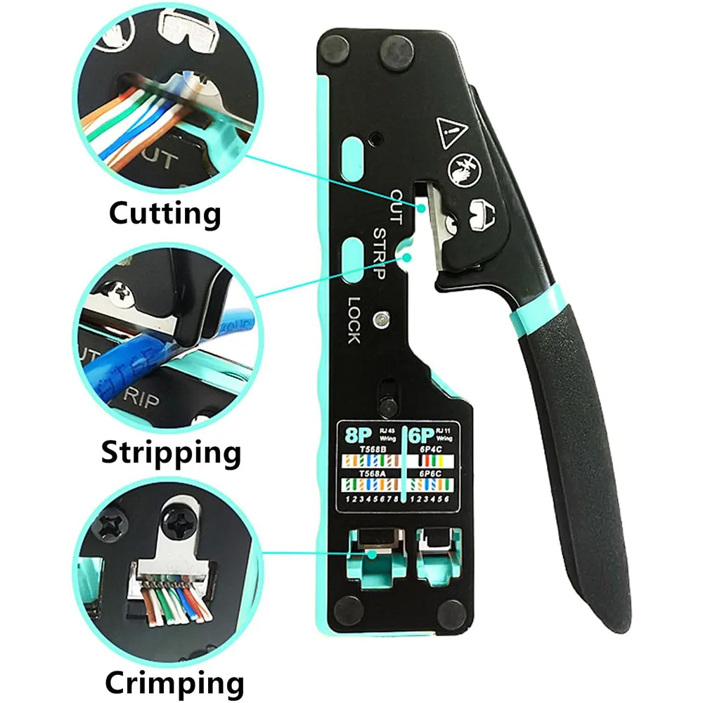 RJ45 Crimp Tool Pass Through Ethernet Crimping Tool for Cat6 Cat5 Cat5e RJ45 Connectors with Replacement Blade Hand Tools