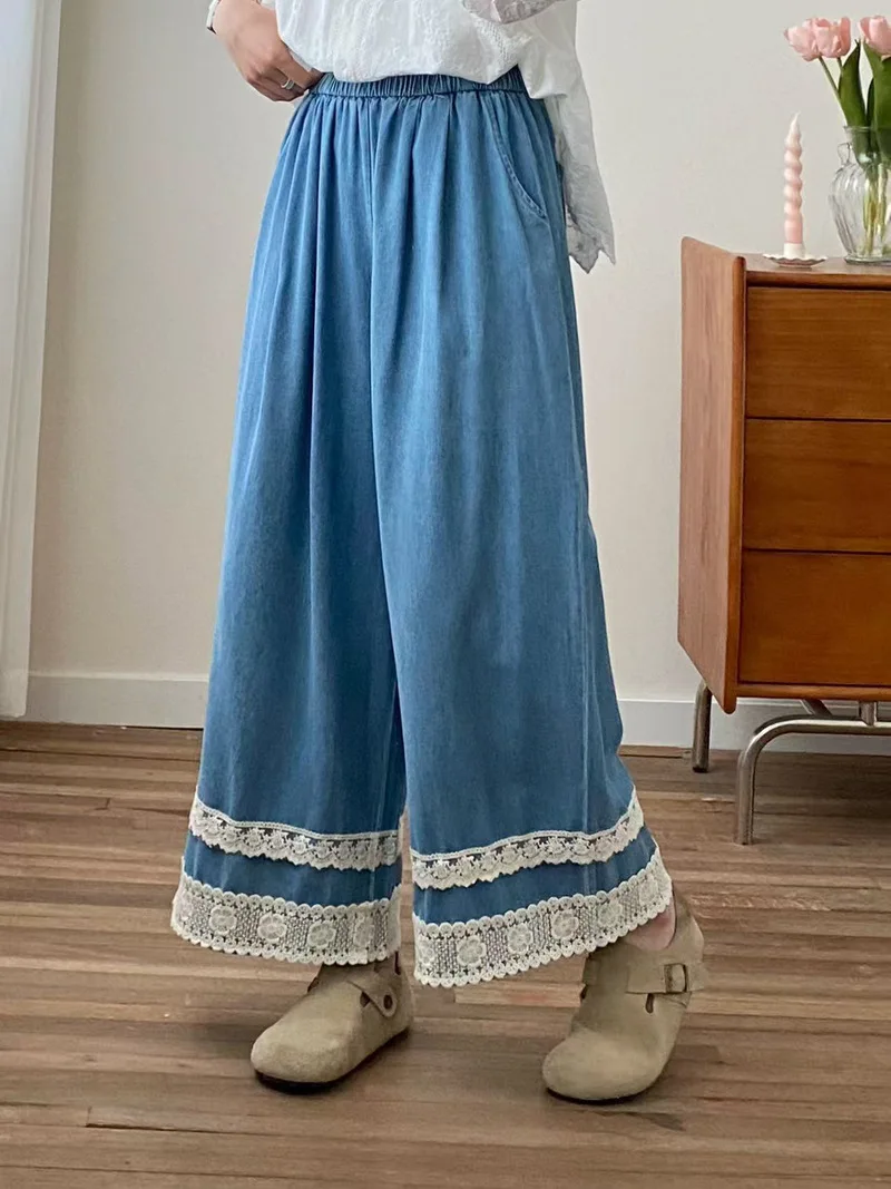 Nuovi pantaloni in denim di cotone estivo 2025, patchwork di pizzo elastico in vita da donna, jeans a gamba larga INS per pendolari retrò Mori Girl B56626CC