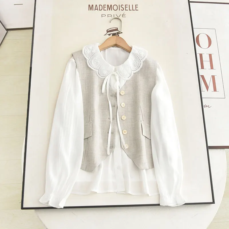 

Sweet Lace Long Sve irt And Vest, комплект из двух предметов, осенняя модная женская одежда, размер для взрослых, без бренда