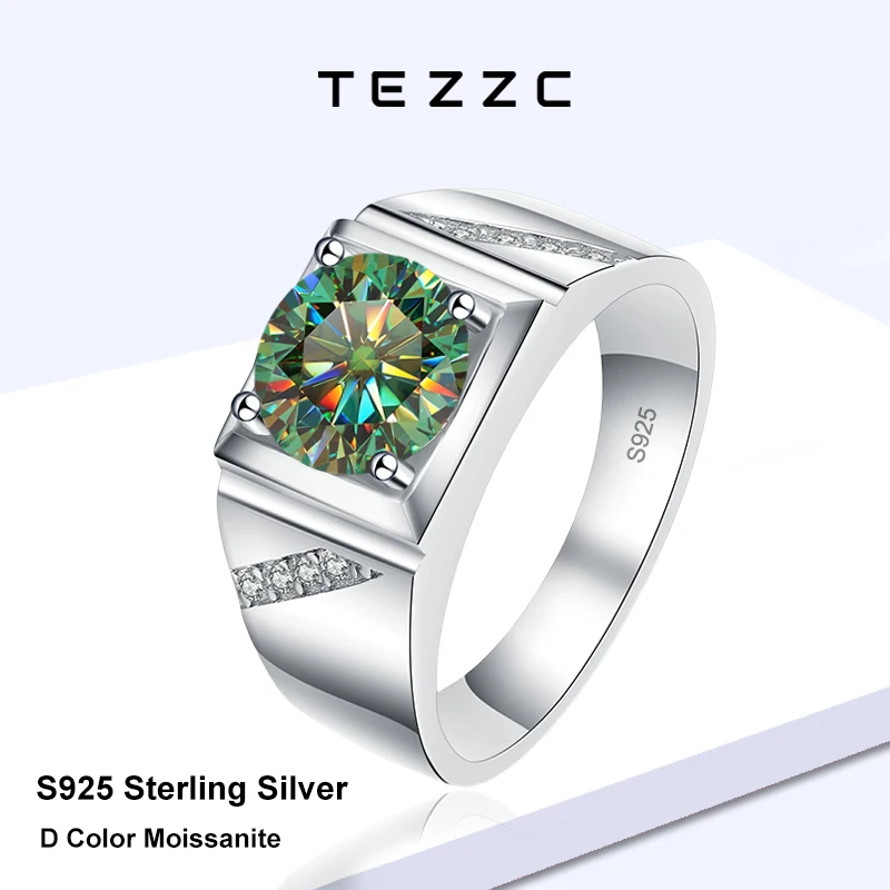 

Tezzc 1 Carat Green Moissanite Ring For Men 925 Sterling Silver Luxury Engagement Wedding Mens Ring Gift for Boyfriend Jewellery