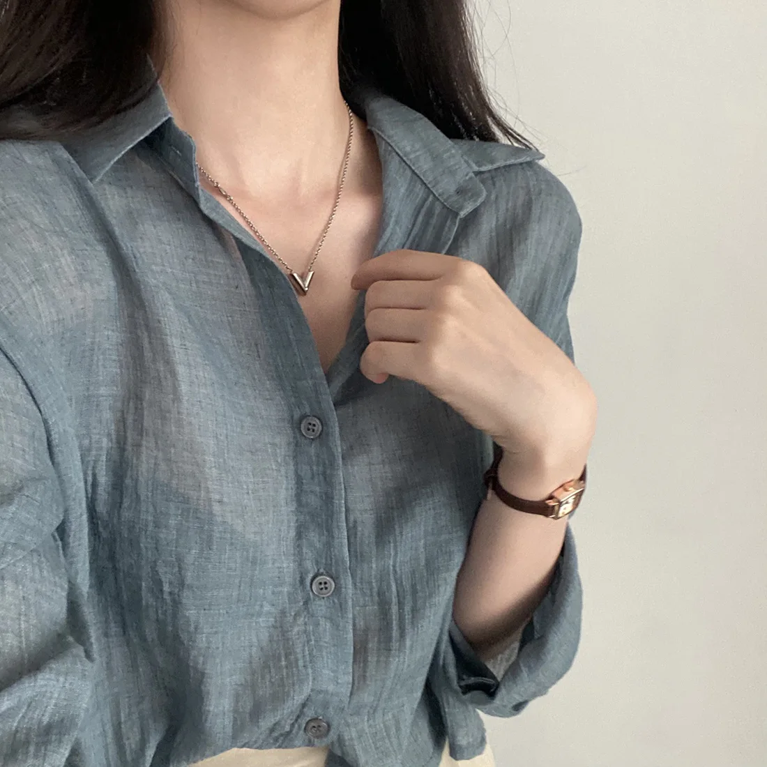 Korean Style Summer Long Sleeve Short Loose Fit Pleated Pure Color Shirt Button up Collar Sun Protection Soft Satin Cotton Blend