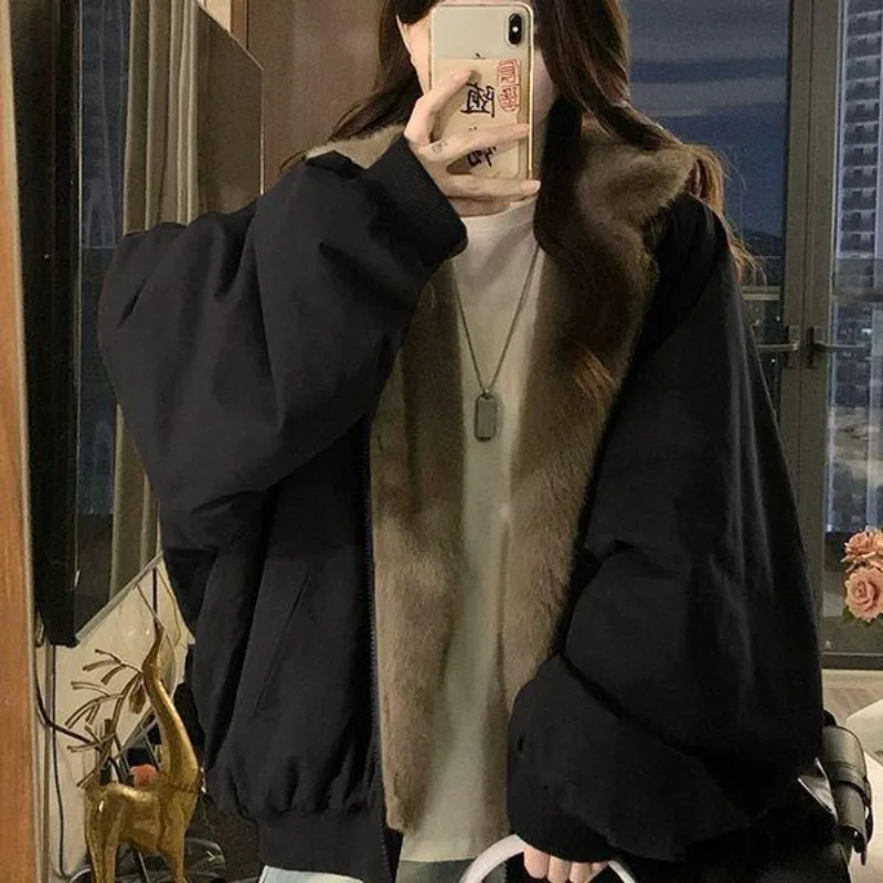 

Y2K Winter New Black Plush Cotton-Padded Jacket Ladies American High Street Hooded Jacket Thickened Casual Double Sided Coat