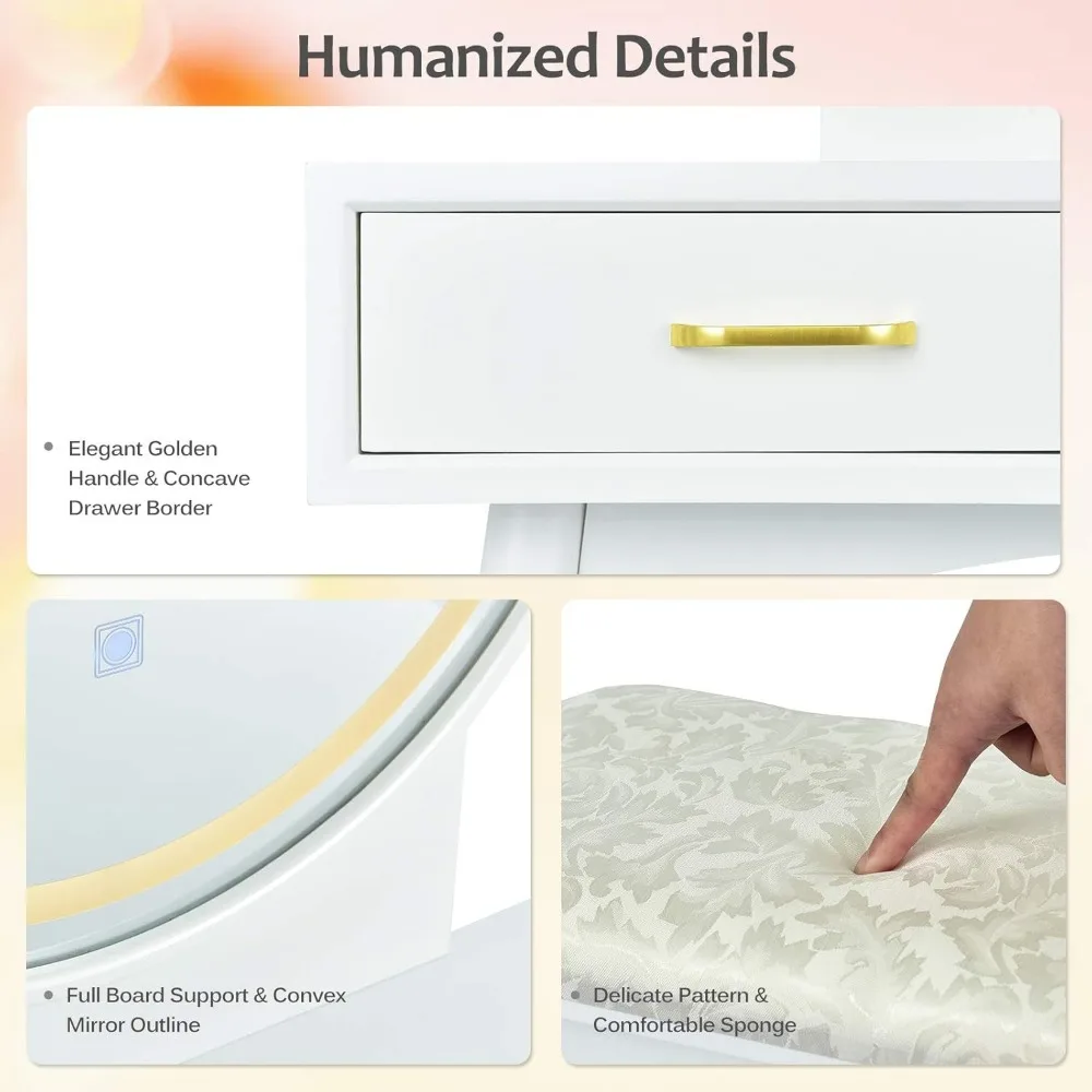 مجموعة فانيتي مع مرآة مضاءة خافتة تعمل باللمس، 3 أوضاع إضاءة ملونة، طاولة تزيين مكياج لغرفة النوم الحديثة مع