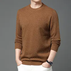 Korean Casual Fashion Simple Jacquard Round Neck Pullover Thin Woolen Sweater Men's Solid Slim Patchwork Long Sleeve Knitted Top