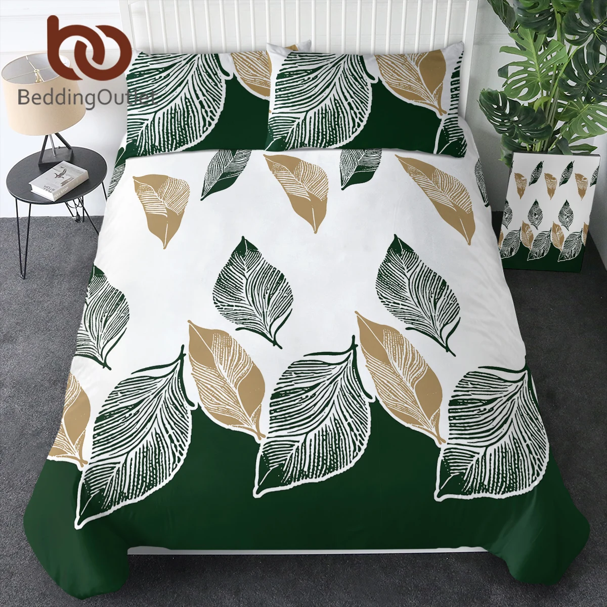 BeddingOutlet Green Gold Tropical Duvet Cover Botanical Palm Leaves Pattern Microfiber Lightweight Hawaiian Plant Bedding Set