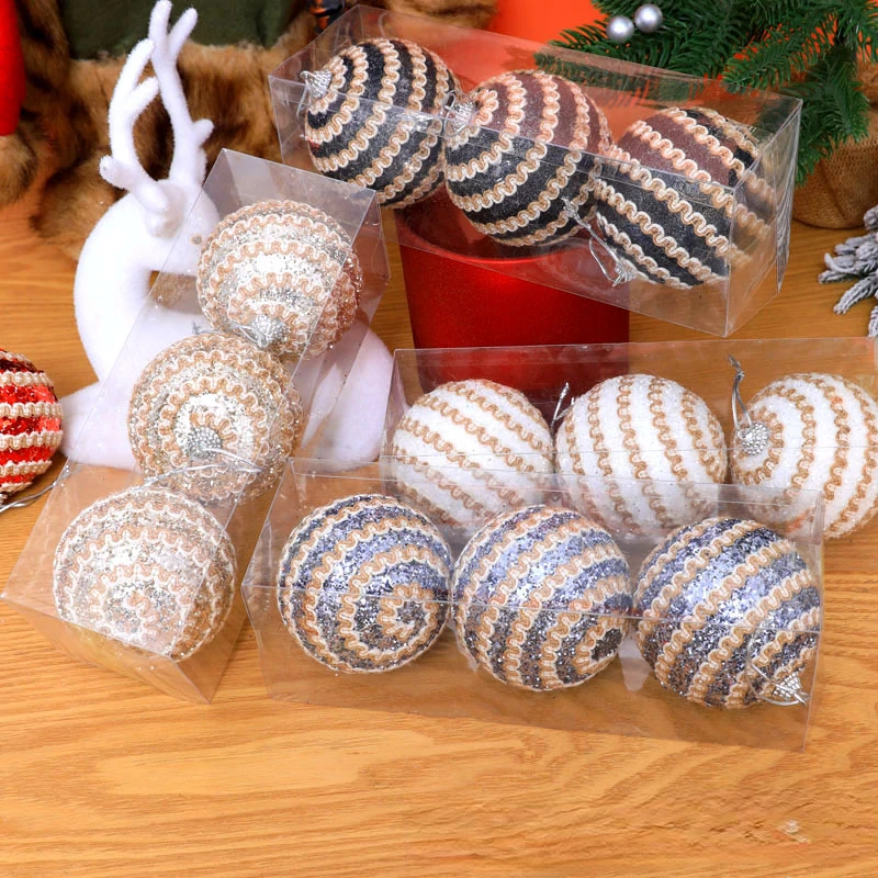 3pcs/set Foam Christmas Ball 8cm Powder Around Lace Christmas Tree Decoration Hanging Pendant Ball Home Xmas Party Decor