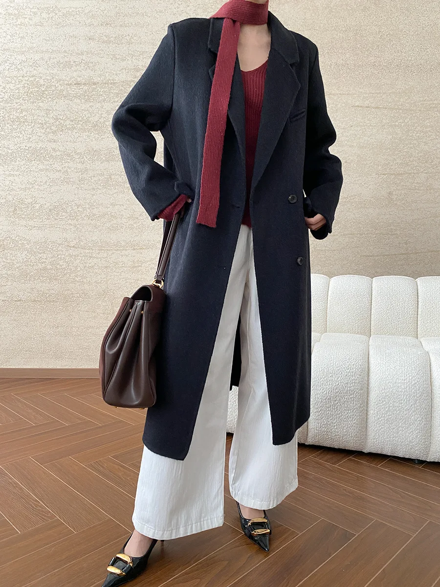 Winter women's casual solid color lapel long sleeved pocket decoration loose long coat