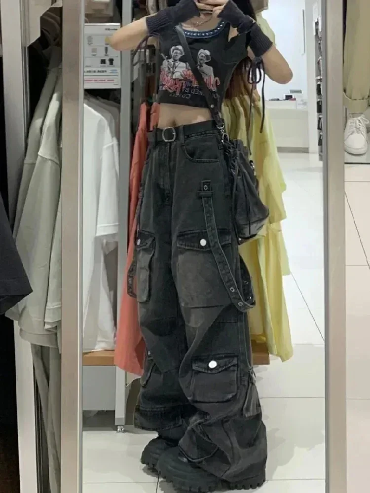 Y2K Emo Korean Women Black Vintage Streetwear Cargo Pants Baggy Jeans Pockets Straight Trousers Wide Leg Denim Oversize Clothes