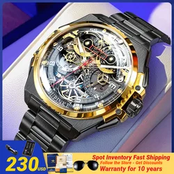 OUPINKE 3266 Full Hollow Skeleton Mechanical Watch for Men High-end Multifunction Auto Date Hand Clock Sapphire Mirror Man Watch