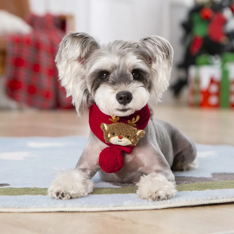 

New Pet Christmas Scarf Teddy Dog Knitted Snowflake Grid Plush Santa Claus Elk Warm Scarf Neck Puppy Accessories for Small Dogs