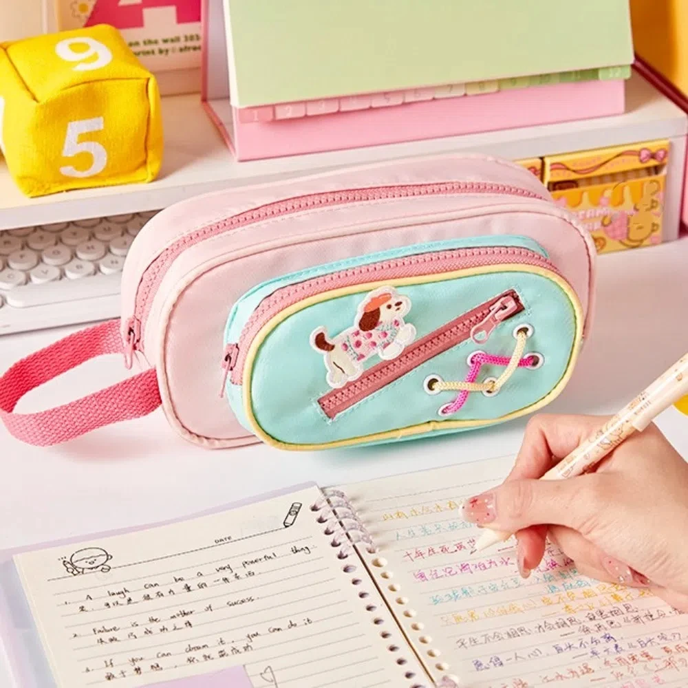 

Cartoon 3 Layers Pencil Bag Aesthetic Canvas Large Capacity Pencil Bag Student Bread White Puppy Dog Stationery Storage Bag