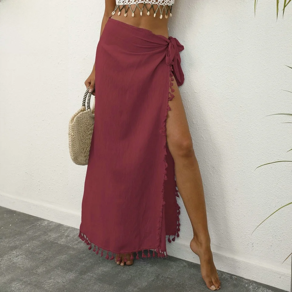 

Sexy Asymmetrical One-Piece Beach Skirt for Women Fringed Splice Wraparound Swimwear Z705