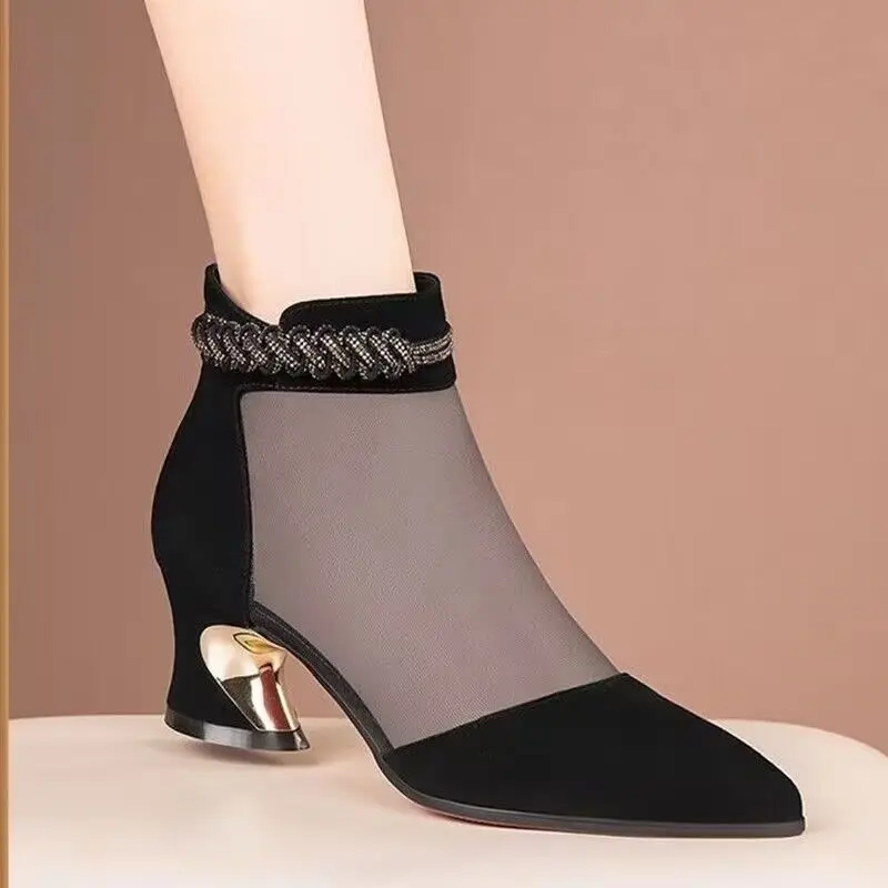 2023 Autumn Boots For Women Summer Mesh Breathable Rhinestone Low Heels Sandals Retro British Style Woman Leather Dress Shoes