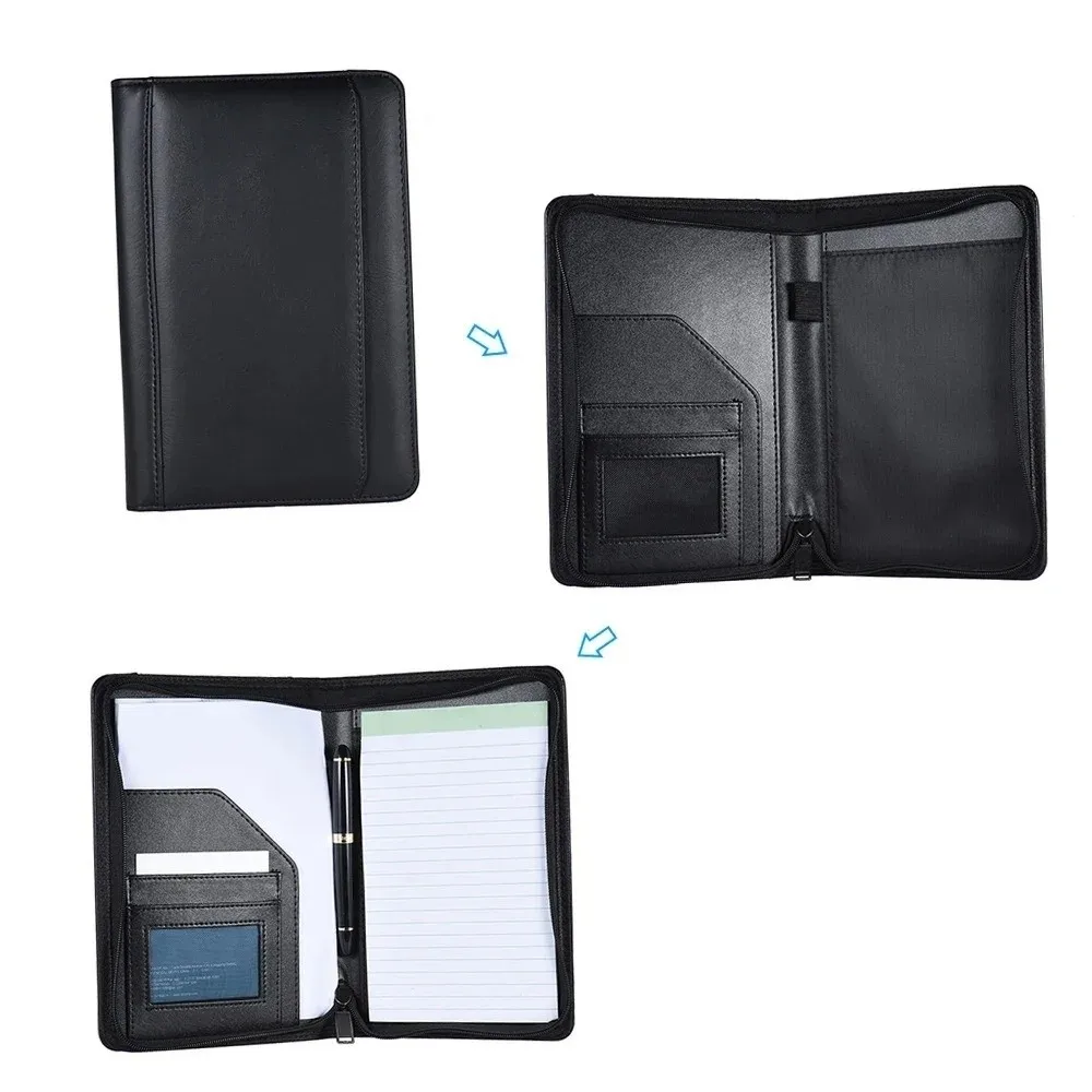 A5 Business Portfolio Zippered Multi-functional Portfolio Folder with Business Card Holder PU Leather Document Case Organizer