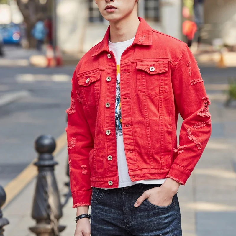 

Men Pink Denim jackets Outerwear Jean Coats New Spring Autumn Men Holes Jena Jackets Men Slim Denim Jackets Size 3XL