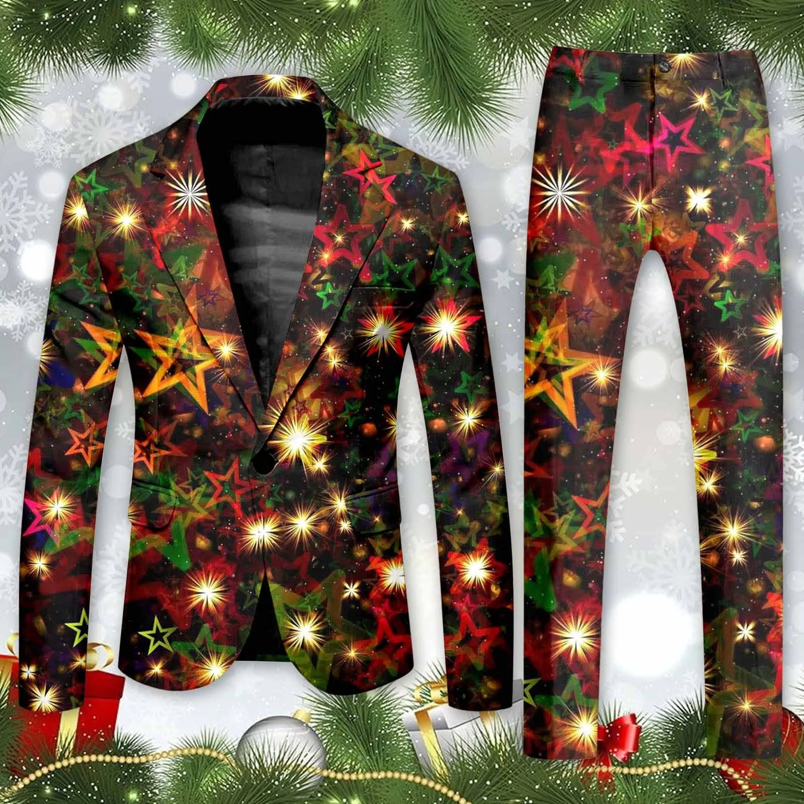 Christmas Star Printed One Button Suit and Trousers Men Casual Slim Fit Trendy Comfortable Business Two Piece Pants Suit