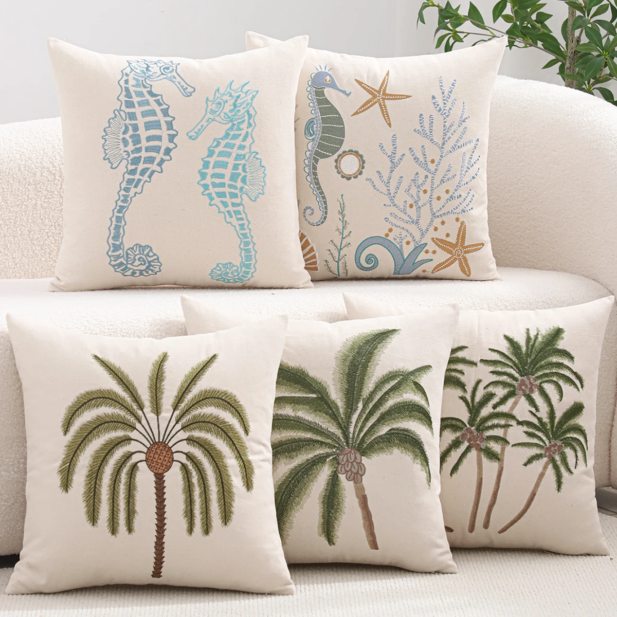 1 piece canvas embroidered throw pillow cover coconut tree summer vacation ocean style seahorse starfish cushion cover home deco