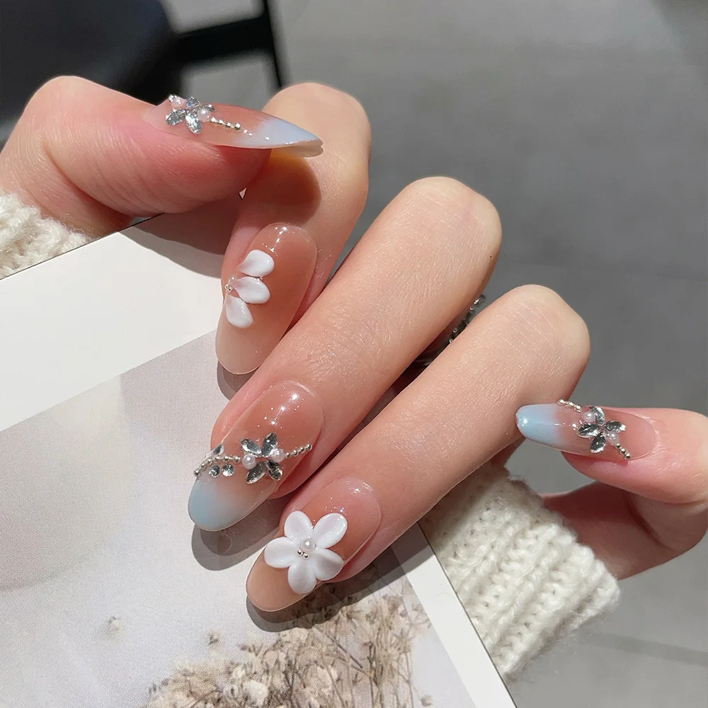 10pcs Medium Oval Handmade Press On Nails Kit, Pink Fake Nails, Noble Elegant Wearable Nail Art, Carved Flowers, Shine Butterfly