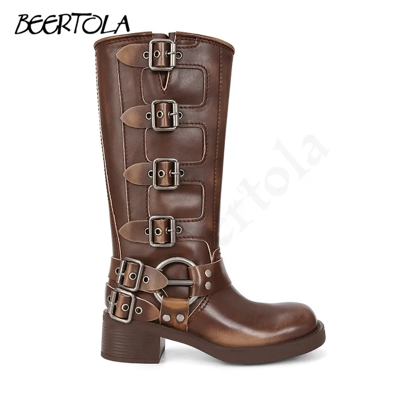 Women's Retro Square Toe Rider Boots Brown Black Western Cowboy Boots Fashion Personality Motorcycle Long Boots Short Boots