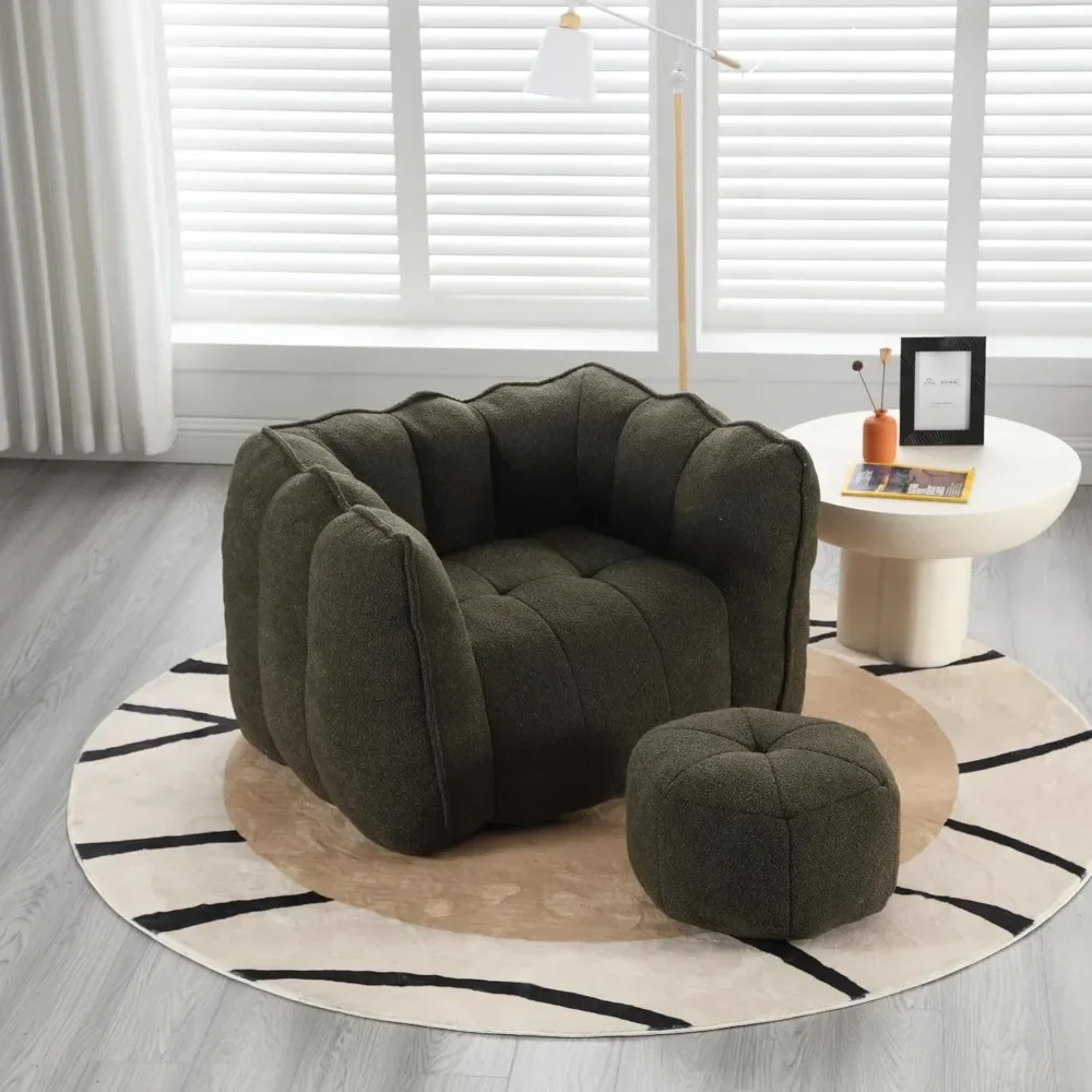 

Chenille Bean Bag Chairs For Adults, Comfy Beanbag Lounge Arm Chair With Ottoman Stool And High Resilient Foam Chips|