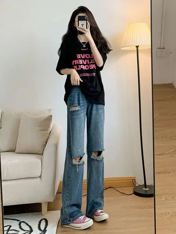 

Retro High Waist Ripped Jeans Women's Summer Xiaozhong Design Cleanfit Sle mid Elastic PU Fabric Ladies Jeans