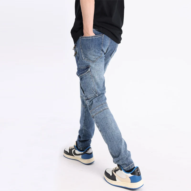 Street Fashion Men Jeans Retro Blue Spliced Patched Elastic Slim Fit Biker Jeans Men Zipper Designer Hip Hop Cargo Pants Hombre