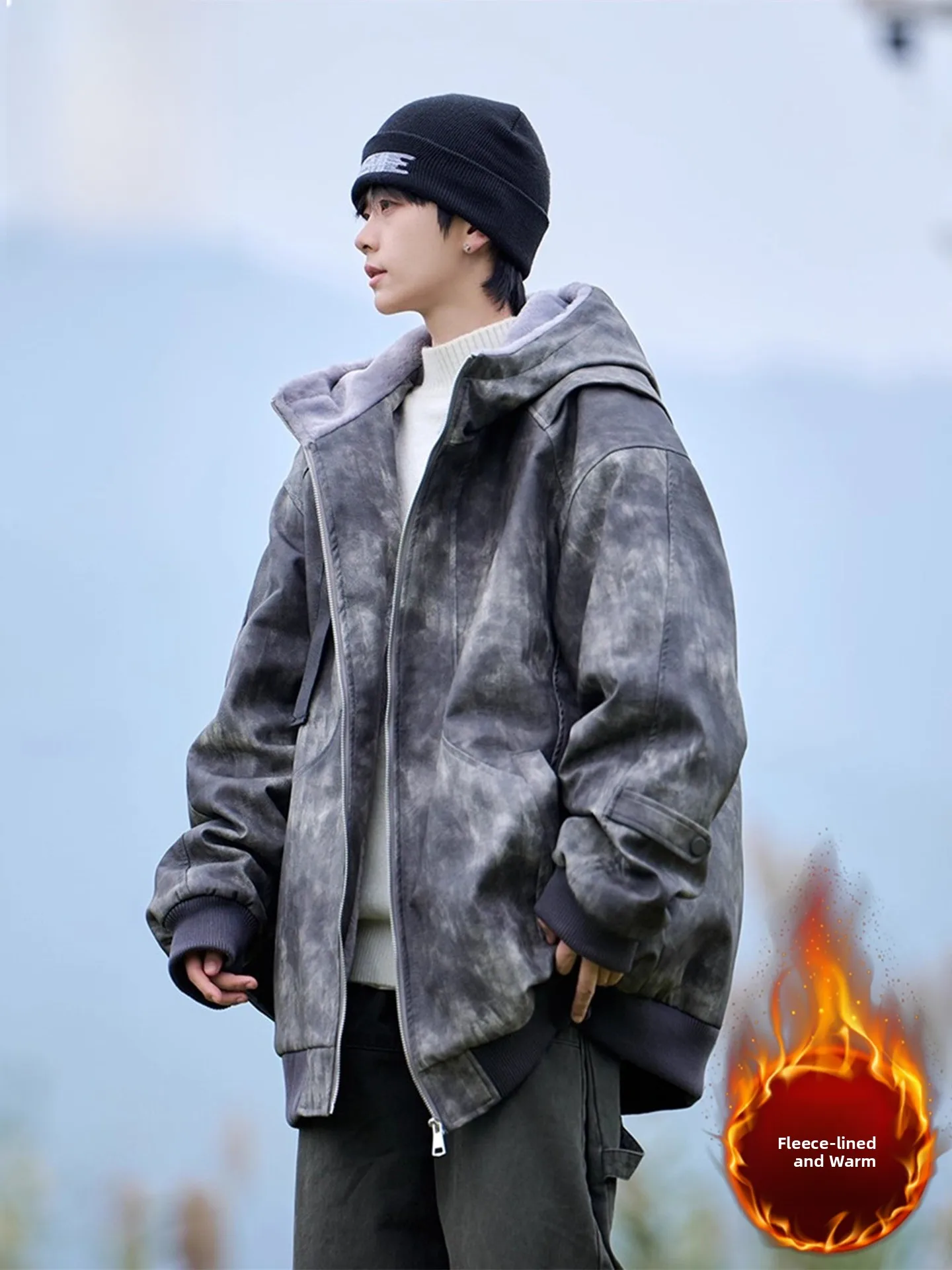 

Jeanswest PU Leather Jaet Men's Winter American Trendy Brand Teen Cotton Filled Hooded Jaet Coat Warmth Daily Wear